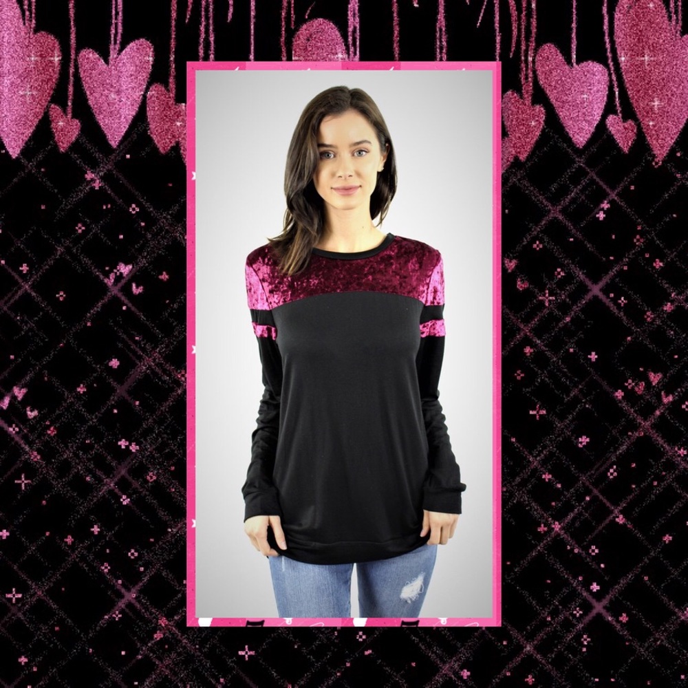 JUST IN🆕Black/Fuchsia Velvet Detail Long Sleeve